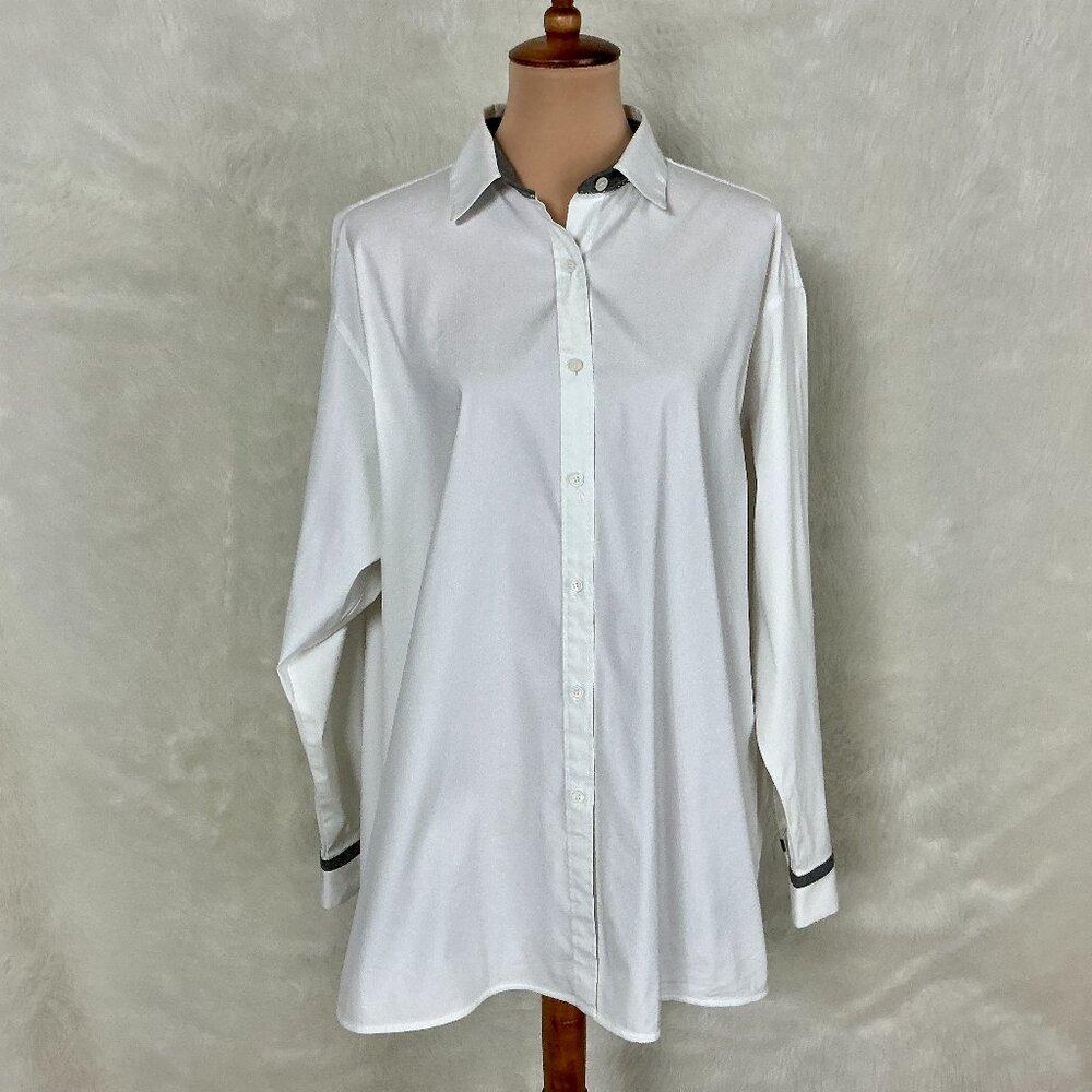 Lafayette 148 Jessie White Crystal & Ball Bead Chain Trim Long Sleeve Blouse L